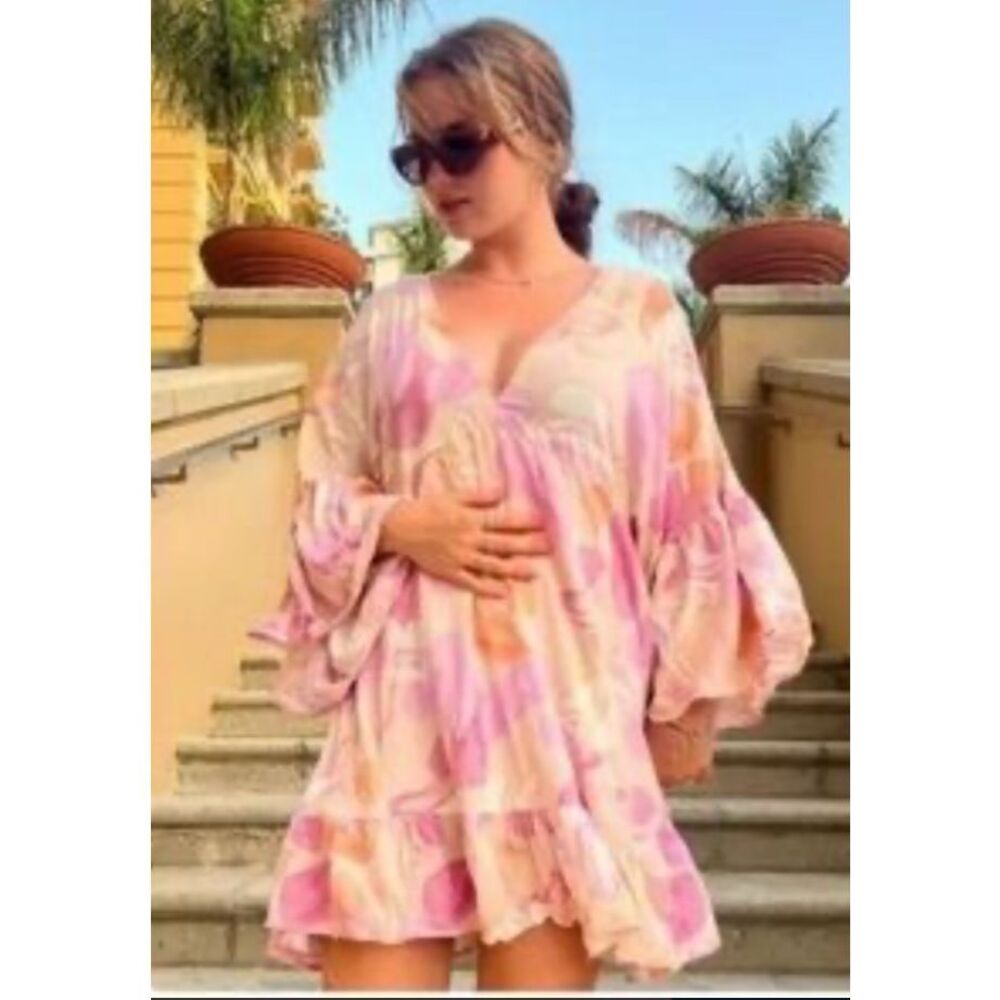 Label Of Love V-Neck Ruffle Bell Sleeve Mini Tunic Dress Short Boho Fairy Medium